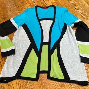 RED brand color block open from cardigan sweater.  Aqua, green, gray & black. XL
